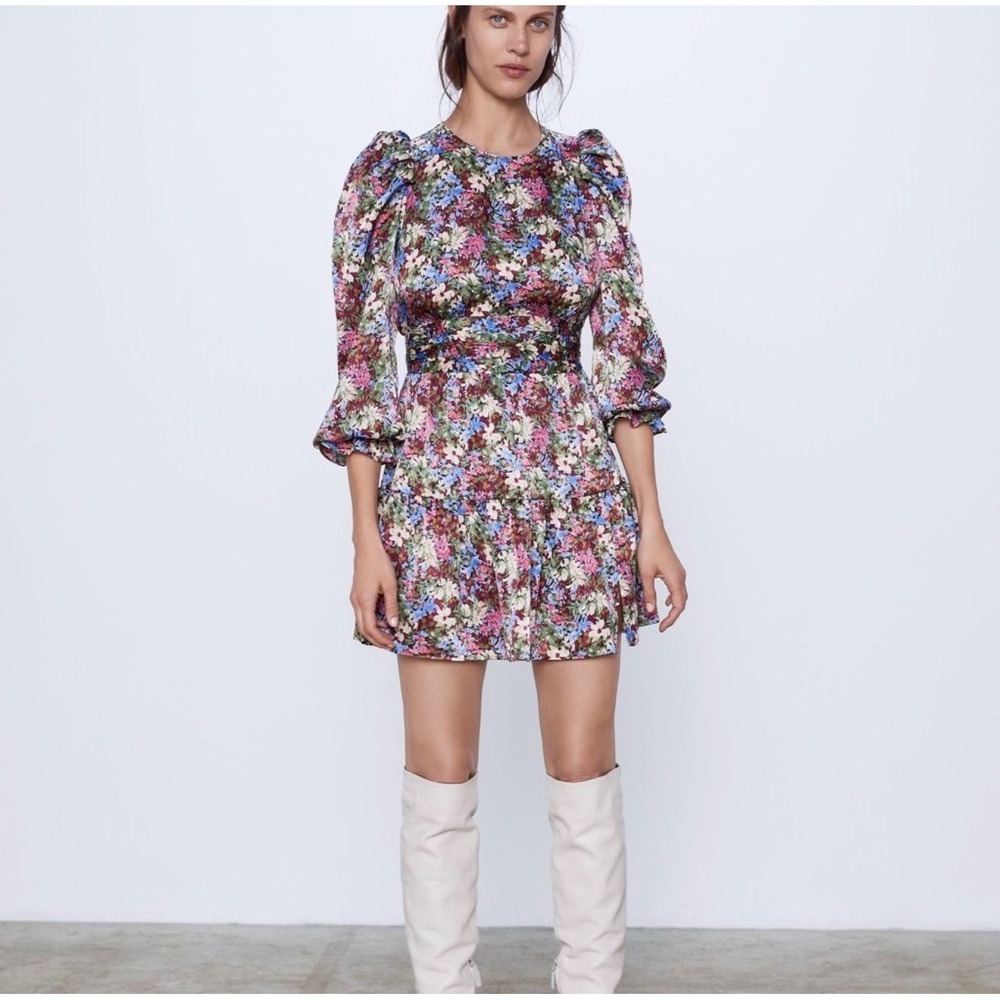 Zara dress Medium floral print pink round neck puff long sleeve ruffle NWT